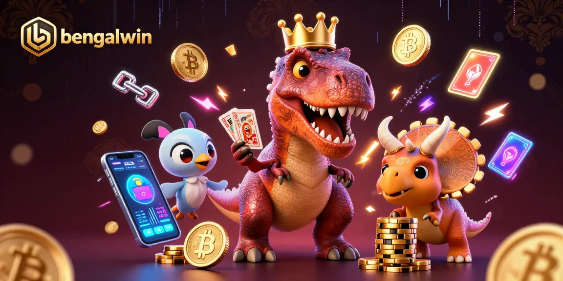 Bengalwin showcases a vibrant 3D casino scene with characters engaging in games and crypto elements.