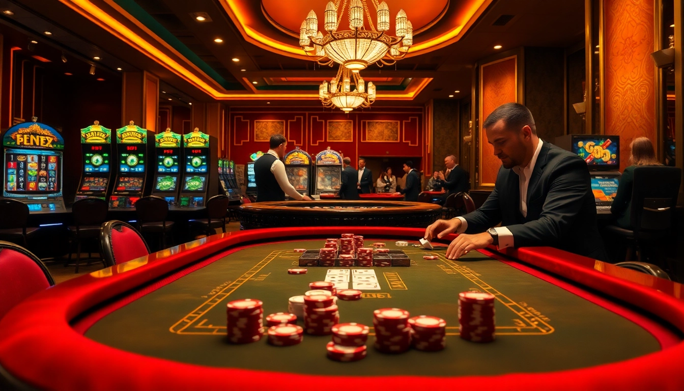 Players enjoy high-stakes action at a luxurious tg88 casino table with vibrant slots in the background.