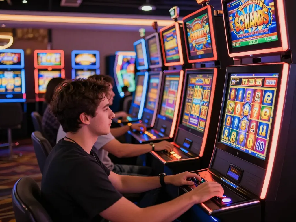 Engaged players enjoying Slot Malaysia, vibrant slot machines glowing in a lively casino atmosphere.