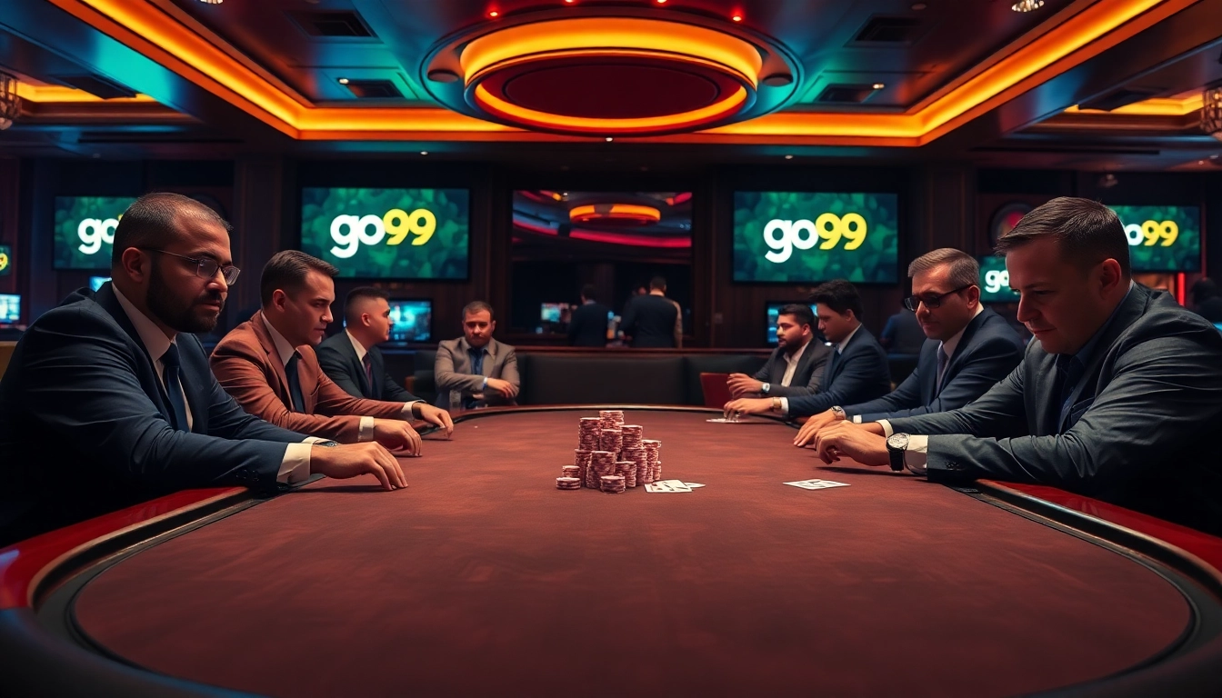Players strategizing at a luxury poker table with 'go99' branding, showcasing high stakes and excitement.