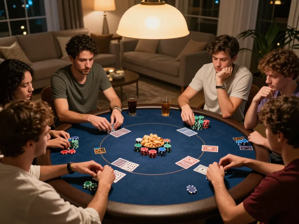 Zowin poker game in a friendly home setting with players focused on cards and chips.