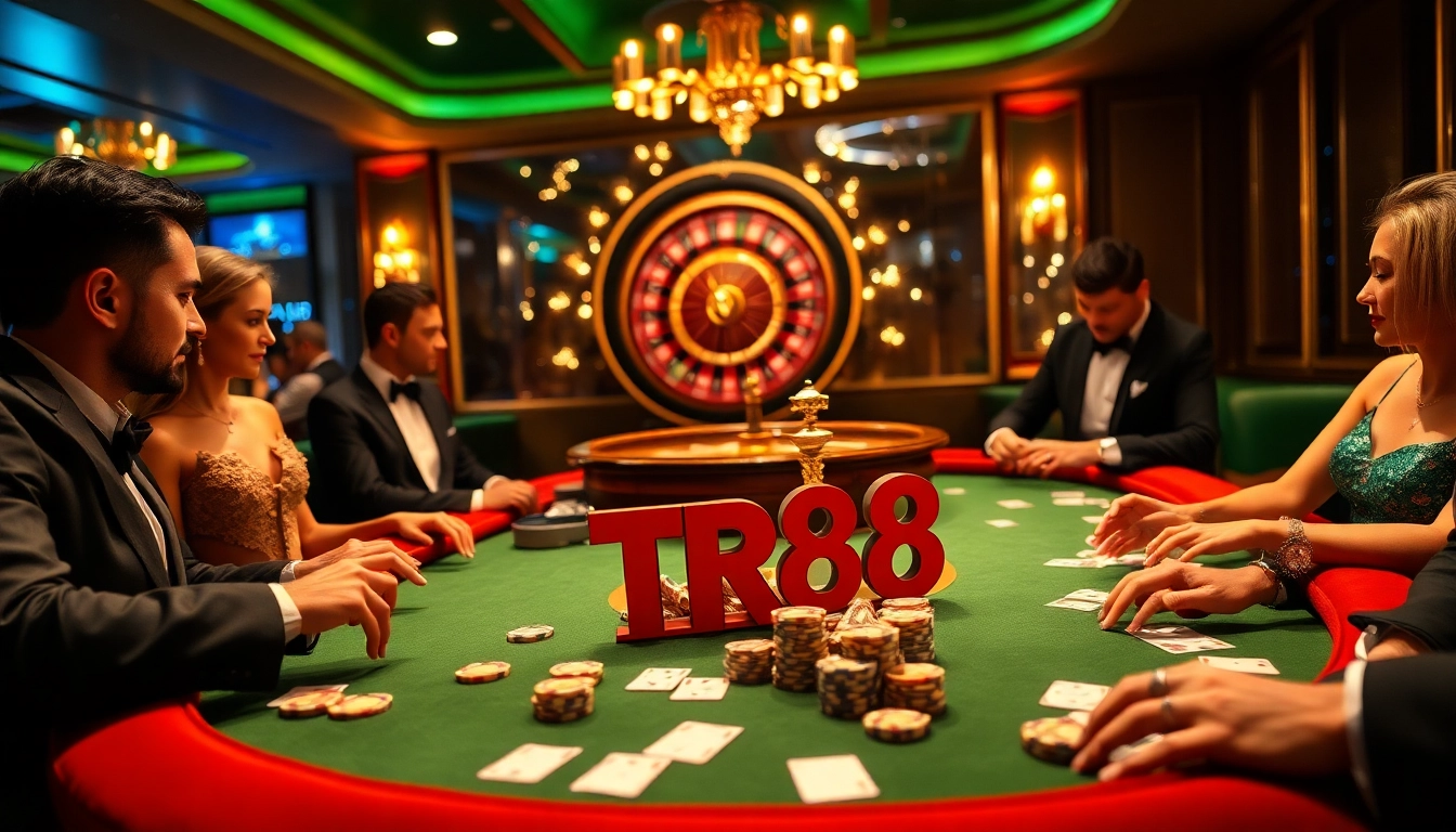 Exciting casino gaming scene with TR88-themed poker chips and cards on a vibrant table.