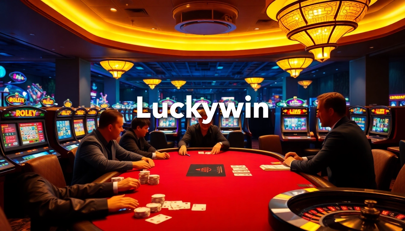 Luckywin poker game at a luxurious casino table with intense players and vibrant slot machines.