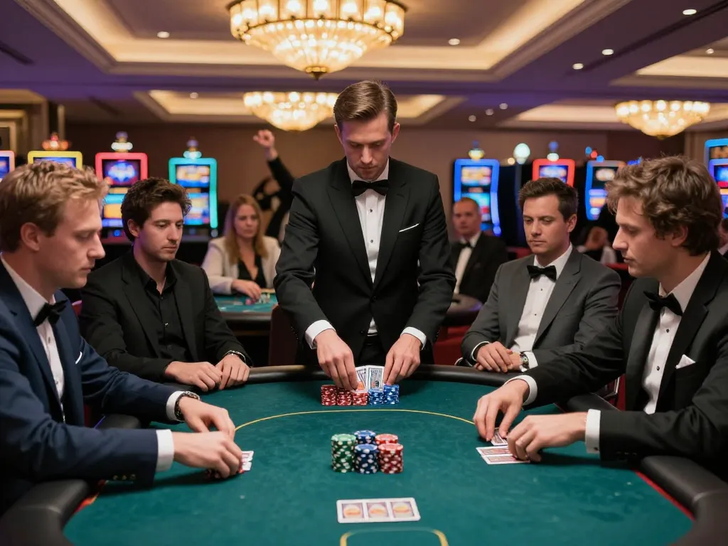 Players strategizing at a poker table in a luxurious casino while tablepremierr lights create an exciting atmosphere.