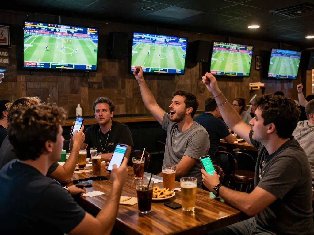 Engaged sports bettors analyzing odds and placing bets using kèo nhà cái apps at a lively sports bar.