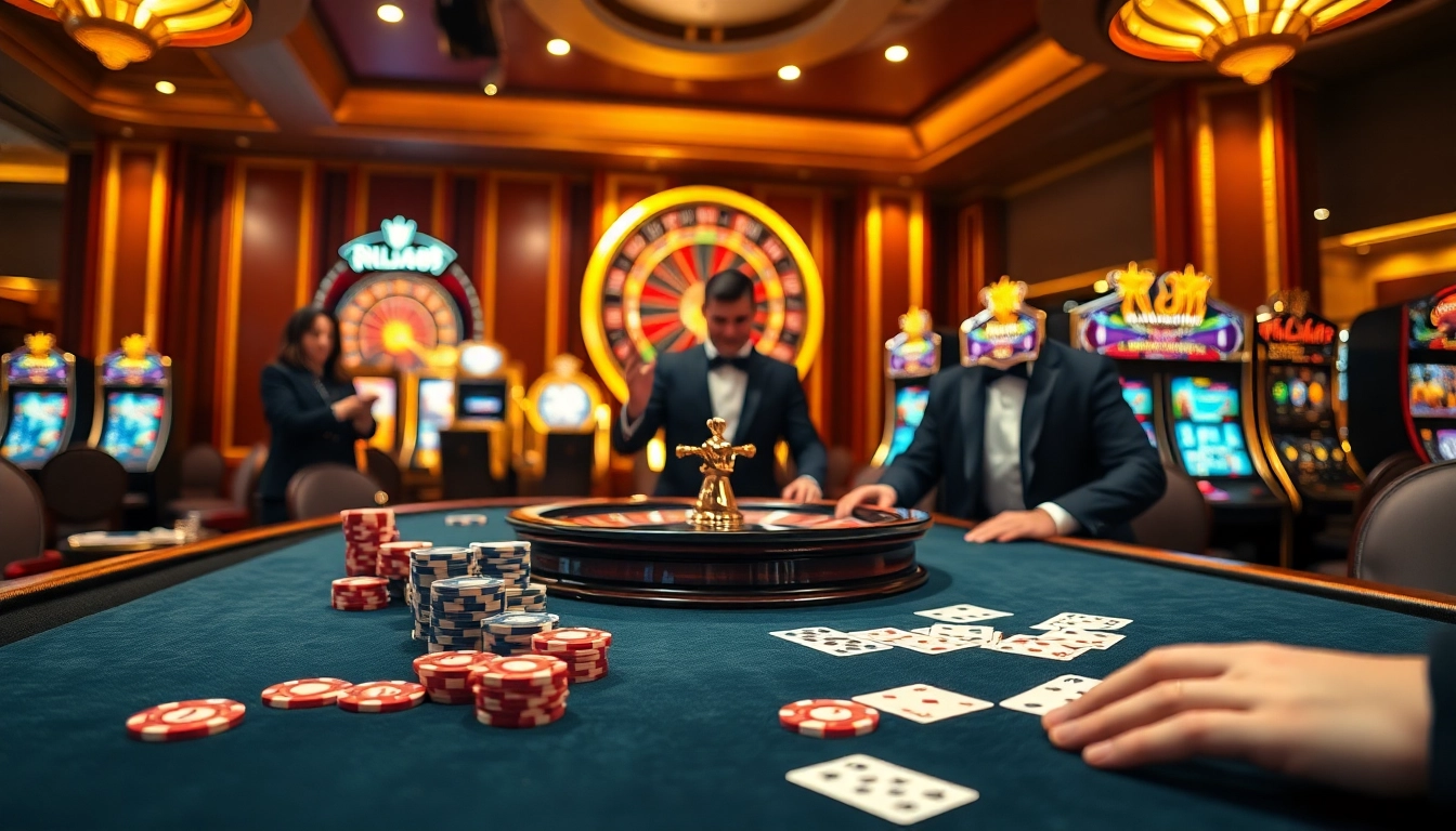 Dynamic gaming scene with RR88 branding; luxurious casino atmosphere featuring cards and roulette.