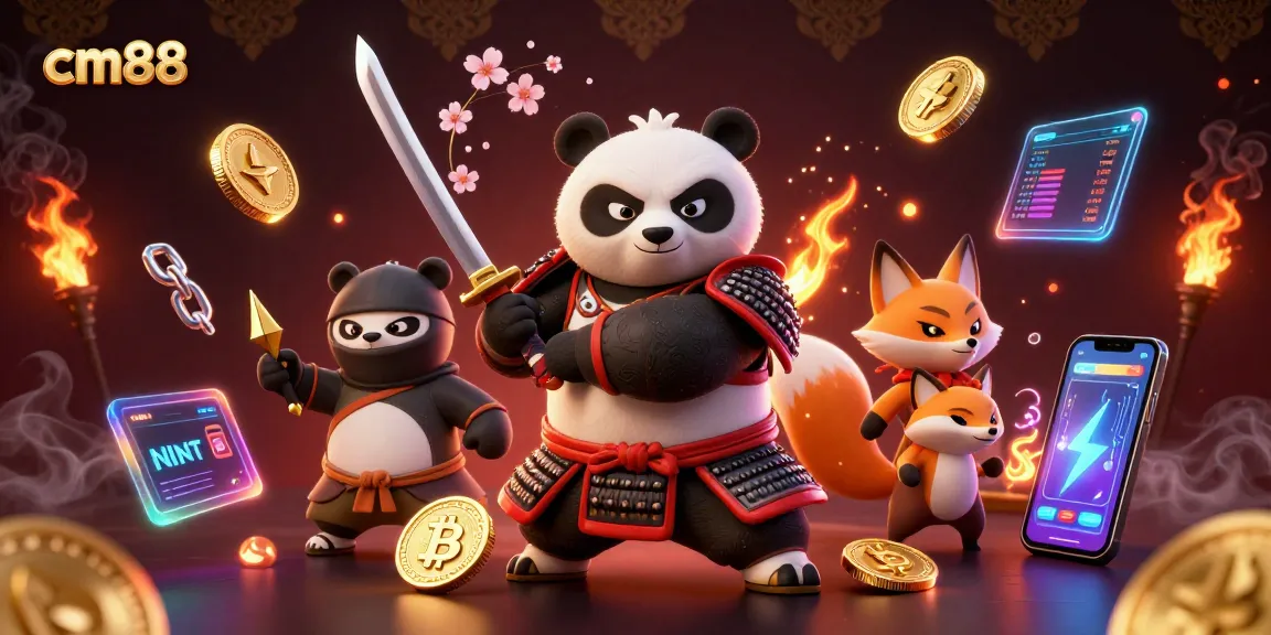 Engaging cm88 online casino scene featuring samurai panda and ninja fox with crypto elements.