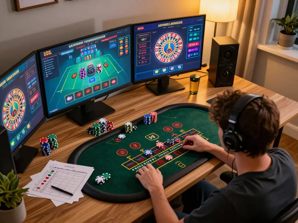 Player enjoying an exciting ww88 online casino experience with multiple screens of games and strategic notes.