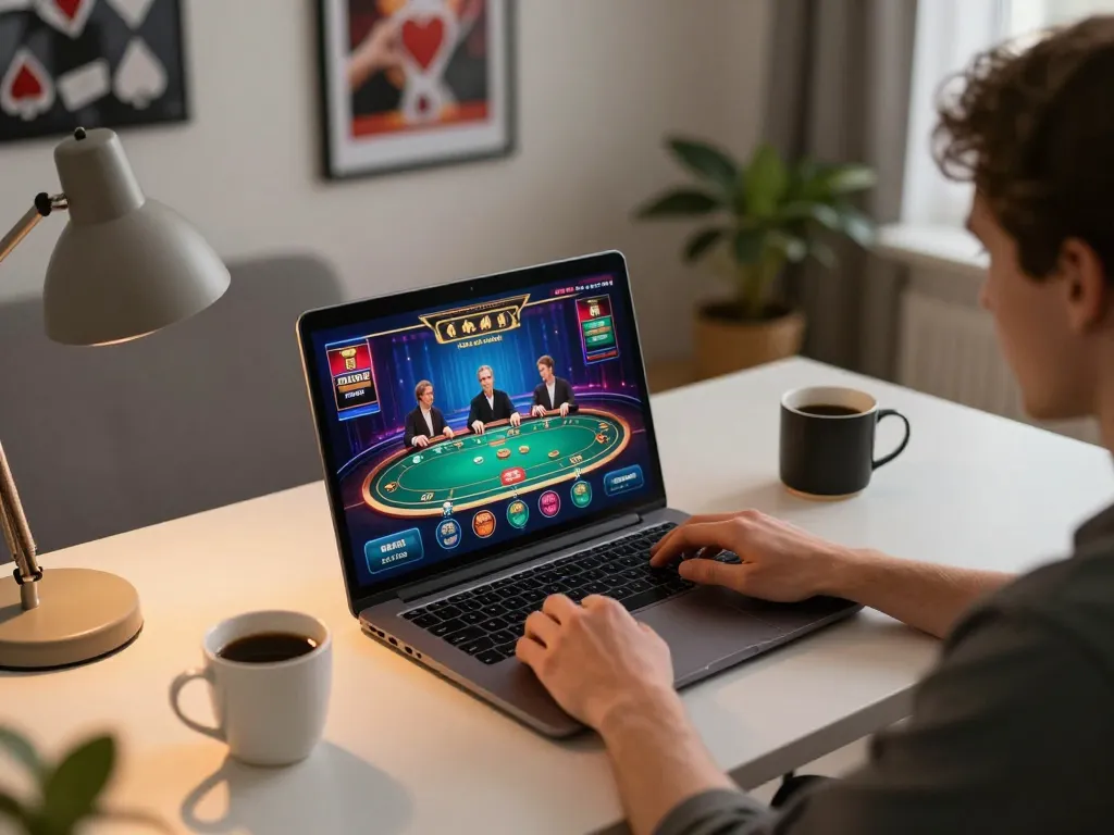 Engaging online poker gameplay on a laptop, showcasing strategies and excitement with bl555r in the gaming setup.