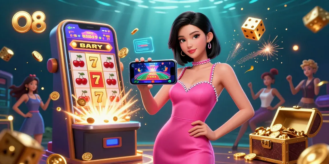 Experience thrilling gameplay with O8's captivating digital casino scene featuring an Asian woman and dynamic slot elements.
