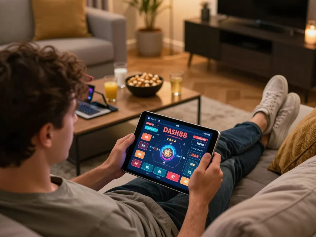 Player accessing dash88 online casino platform on tablet for gaming strategy and fun