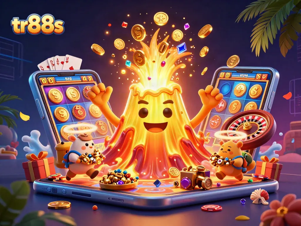 Experience thrilling gameplay with tr88s and a vibrant eruption of gold coins bursting from a golden volcano.