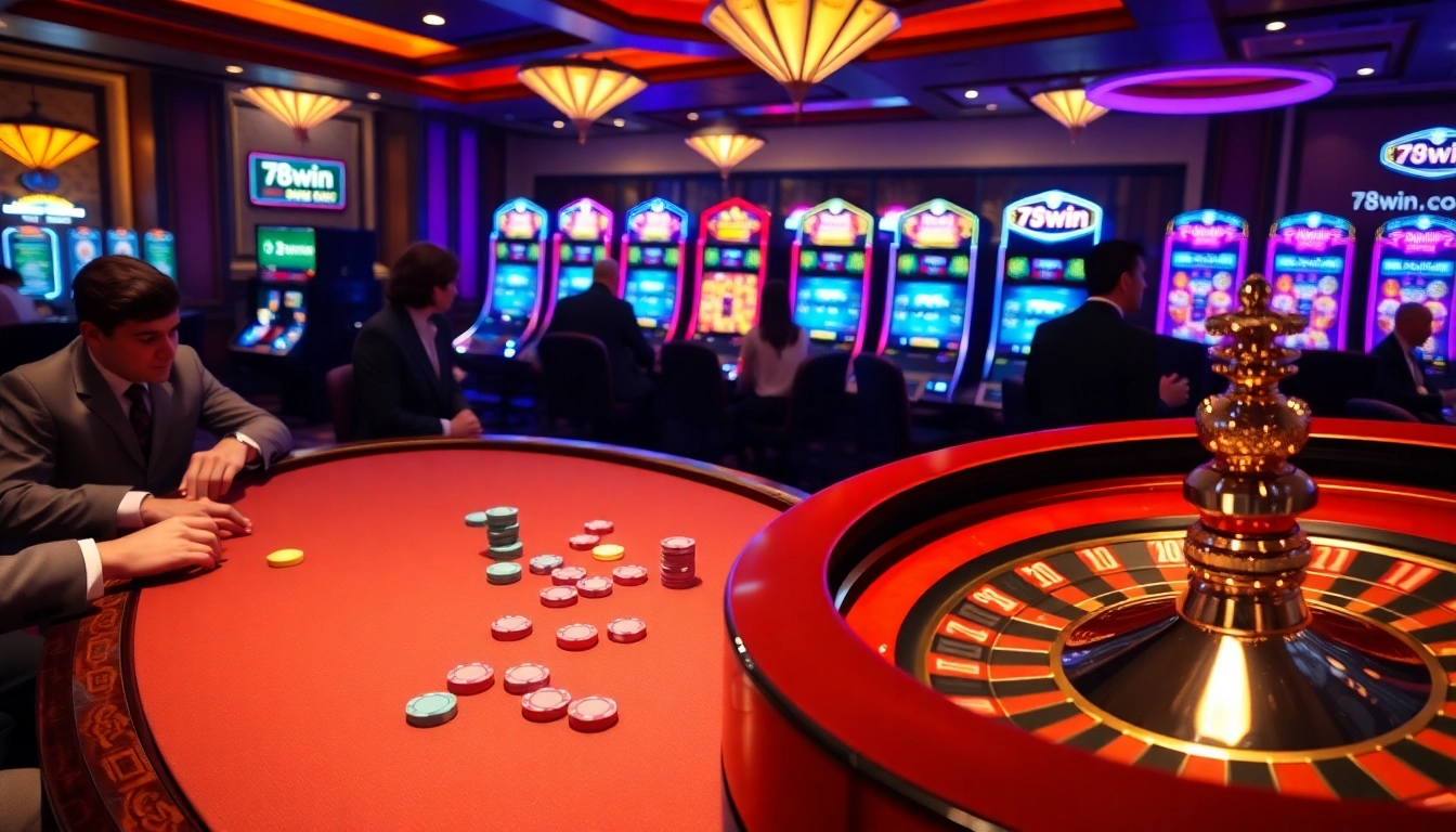 Exciting poker game at 78win com casino with colorful chips and roulette wheel.
