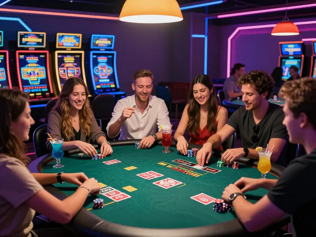 Exciting gaming moment at SC88 with friends celebrating a win at the poker table, vibrant casino atmosphere.