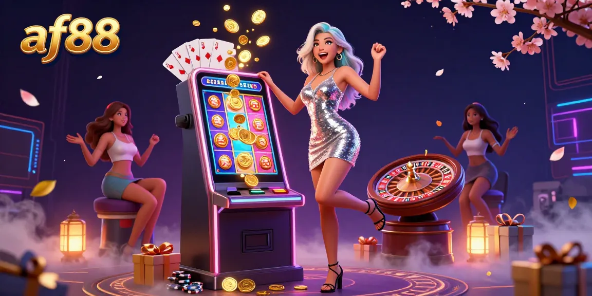 Win big with af88 as a celebratory woman leans on a jackpot slot machine amidst vibrant casino elements.