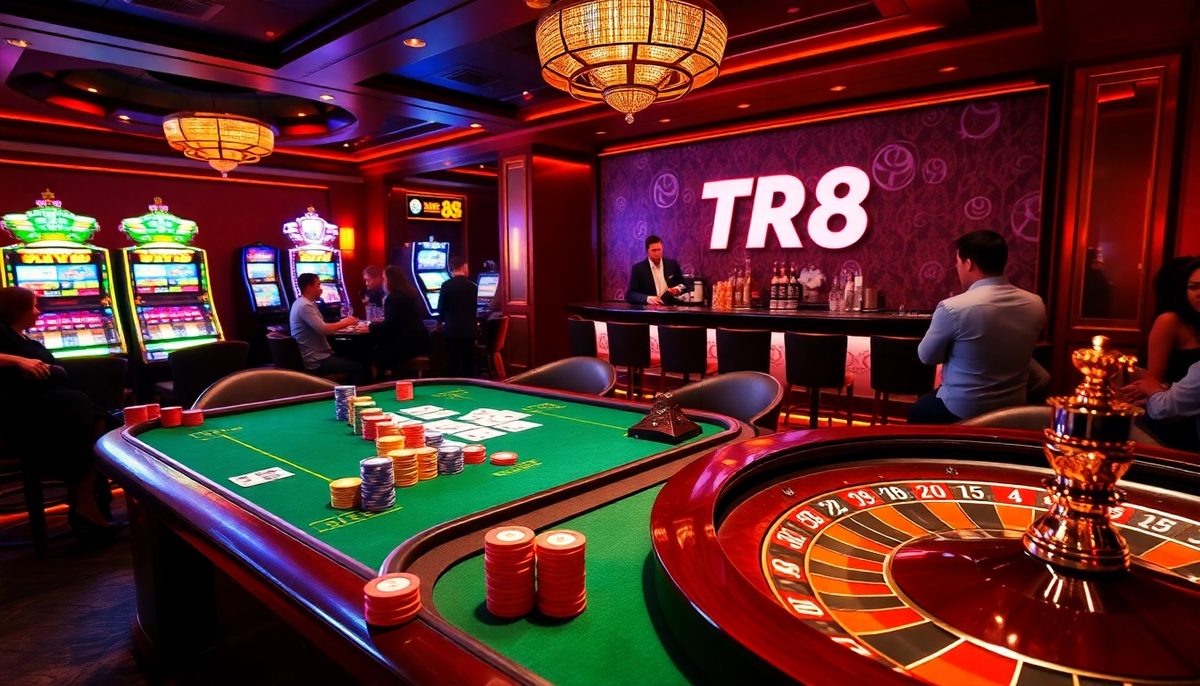 Experience TR 88 winnings at a vibrant casino with poker chips and roulette wheels.