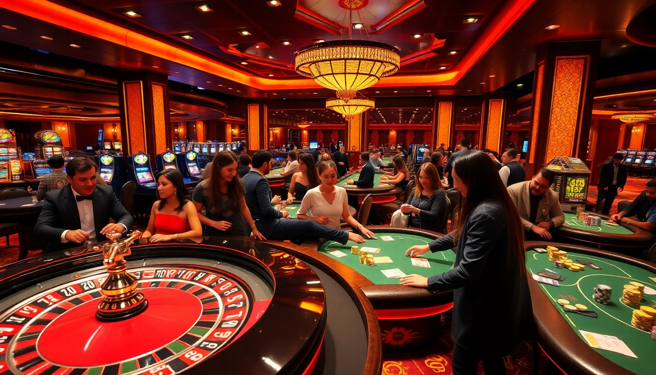 Exciting casino atmosphere featuring diverse players at kjc88 with vibrant roulette wheel and poker tables.