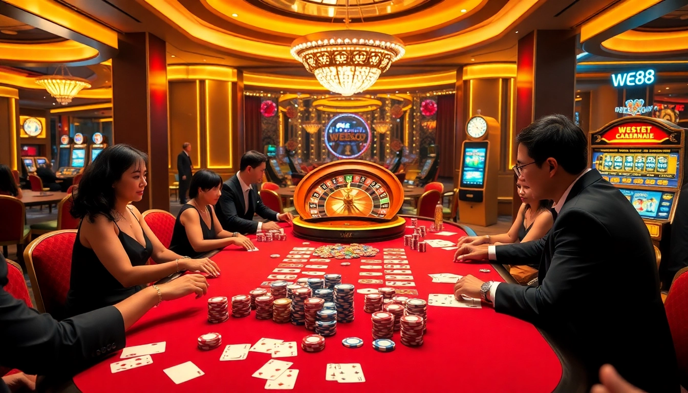 Experience the thrill of WE88 with a vibrant casino scene showcasing players enjoying poker and roulette.