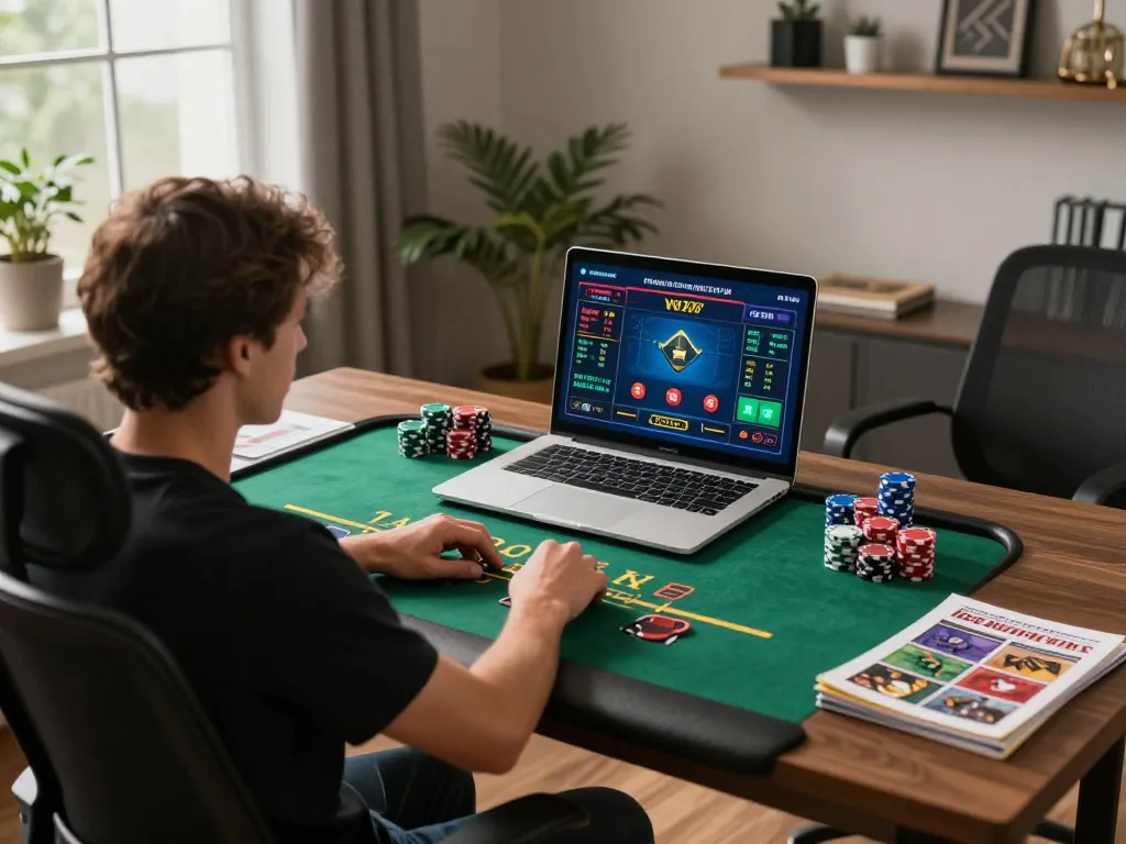 Player examining 789Win blackjack strategies at home with laptop and chips