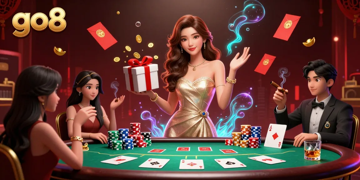 Engage in thrilling gameplay at go8 with a gorgeous woman celebrating wins amidst vibrant casino elements.