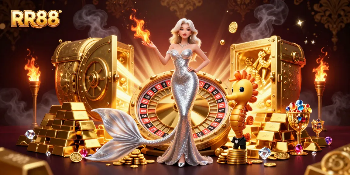 Experience thrilling action with RR88: Stunning woman beside roulette, sparkling treasures, and vibrant casino atmosphere.