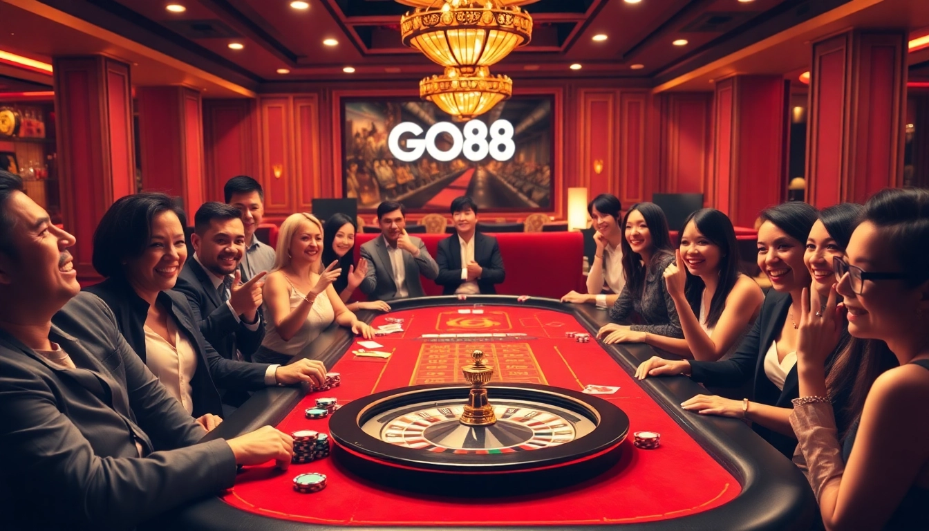 Players experiencing the excitement of GO88 at a lavish casino table with chips and cards.