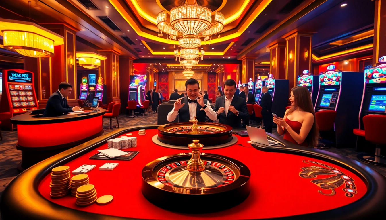 Gambling excitement at XX88 COM with a lively poker table and slot machines in a luxurious casino.