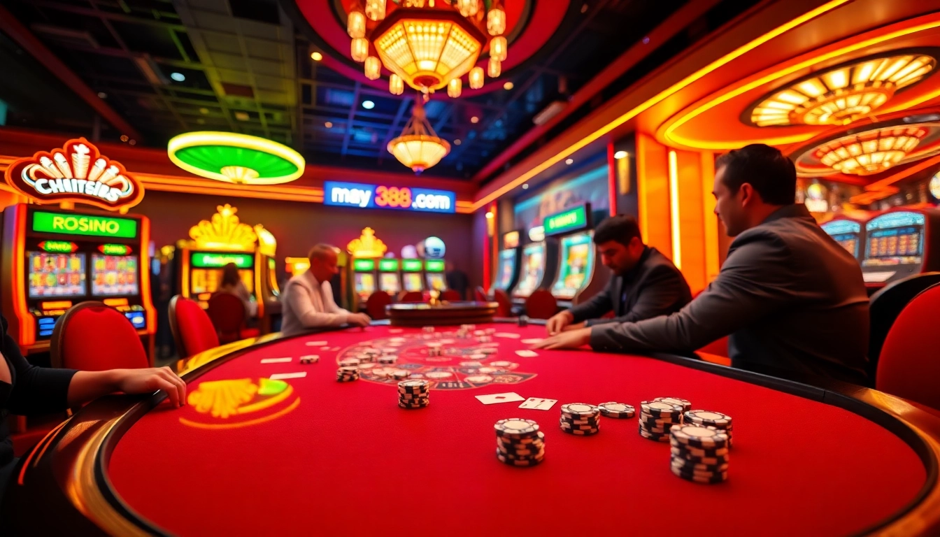 Experience the thrill of may88 with an exciting casino scene featuring poker tables and slot machines.