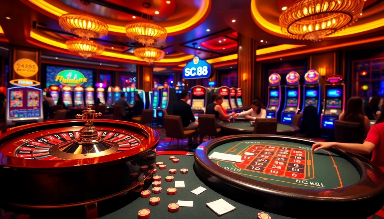 Experience the excitement of SC88 online casino gaming with stylish poker tables and bright slot machines.