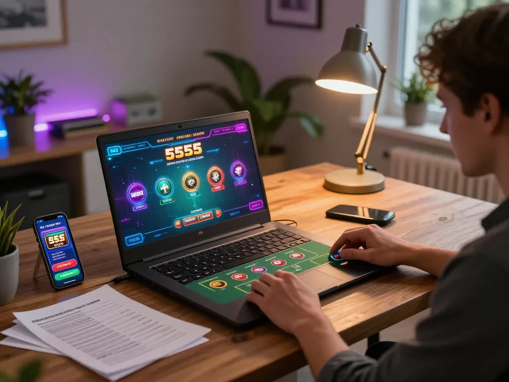 Engaging in online gameplay at 555win with notes and a smartphone in a cozy home setting.