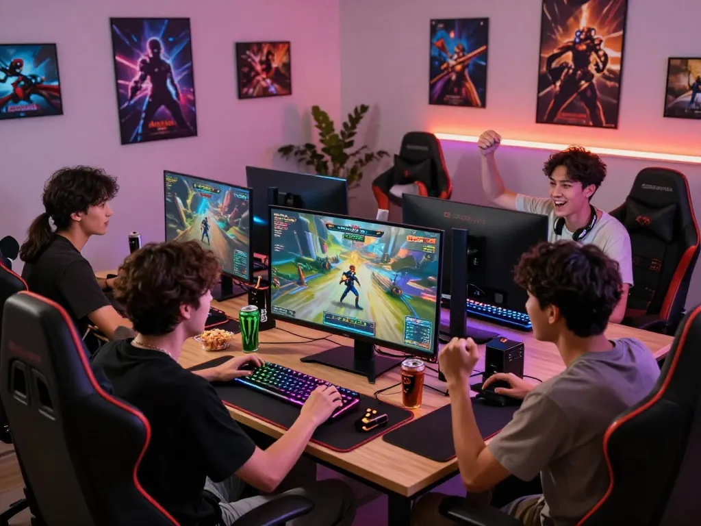 Friends enjoying a gaming session on the Sunwin platform with modern equipment, snacks, and vibrant lighting.