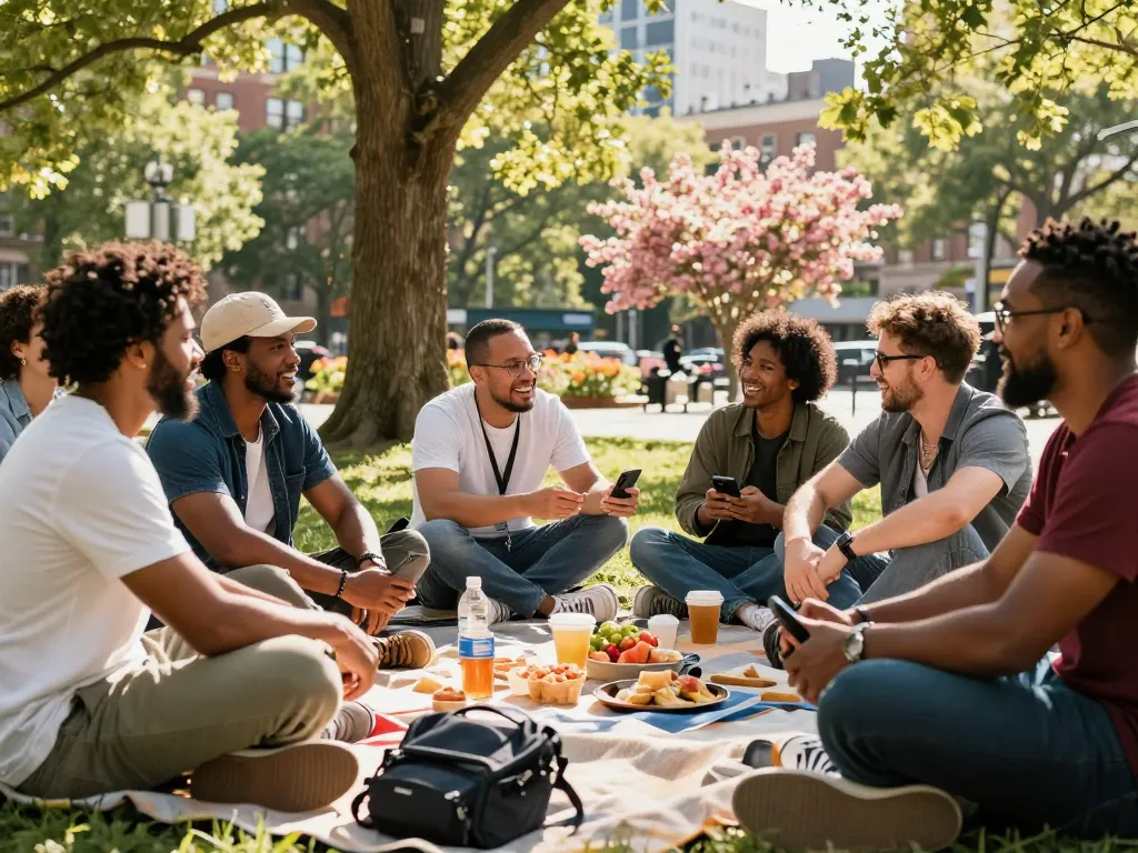 Men at a picnic in the park sharing stories within the manclub community.