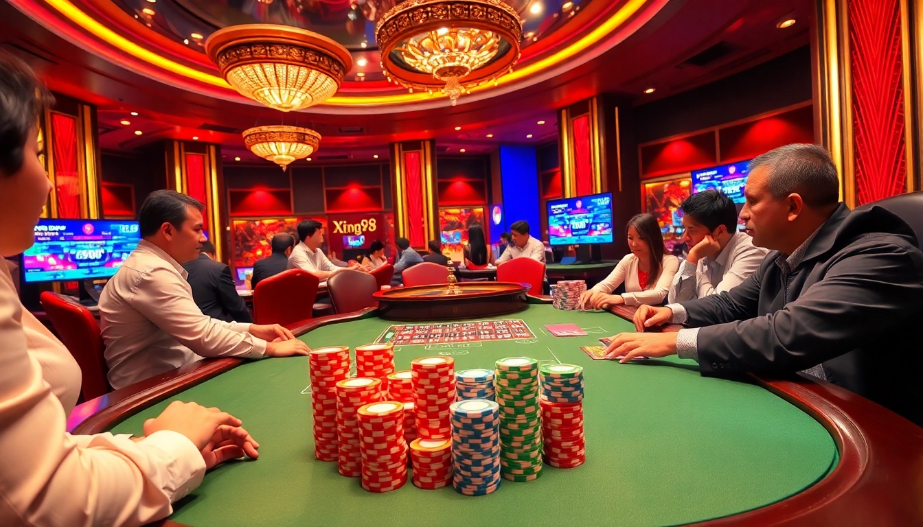 Exciting poker game scene showcasing XX88 COM with colorful chips and a roulette in action.