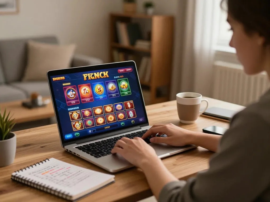 Engaging in online gameplay and đăng nhập fun79 at a modern home office setup, showcasing vibrant casino interface.