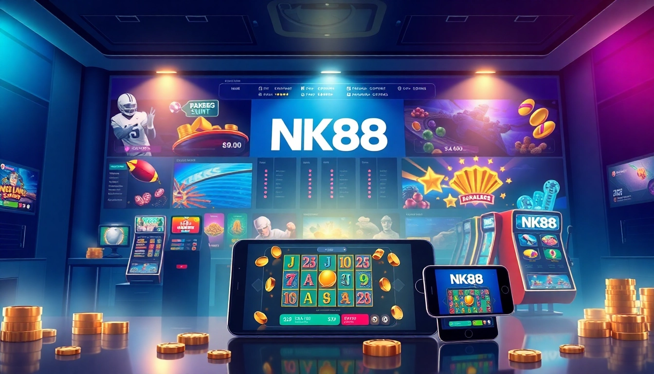 NK88 online gambling platform interface showcasing diverse games and mobile app accessibility.