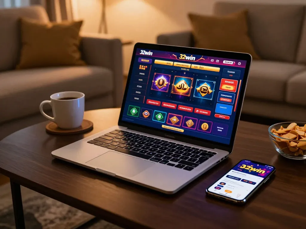 Engaging online gaming scene with 32win app on laptop, highlighting comfortable betting environment
