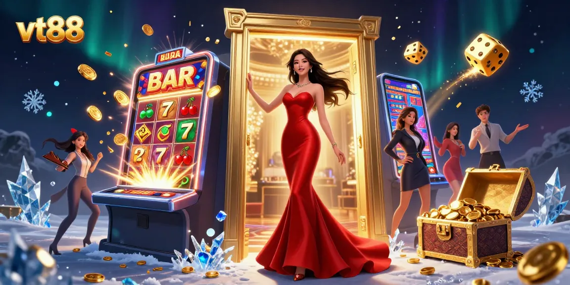 Experience thrilling wins at vt88 with a beautiful Asian woman in a luxurious casino setting bursting with game elements.