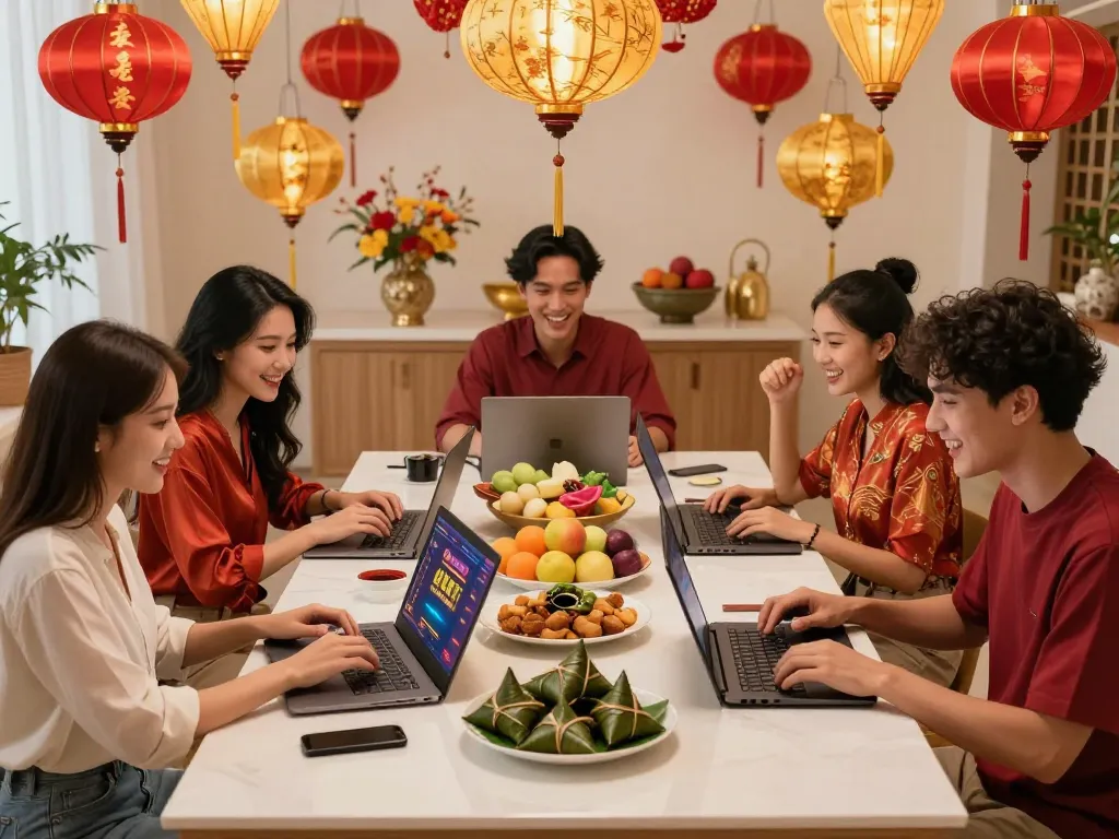 Experience the festive Tết 2026 at 8kbet with friends enjoying luxury gaming.