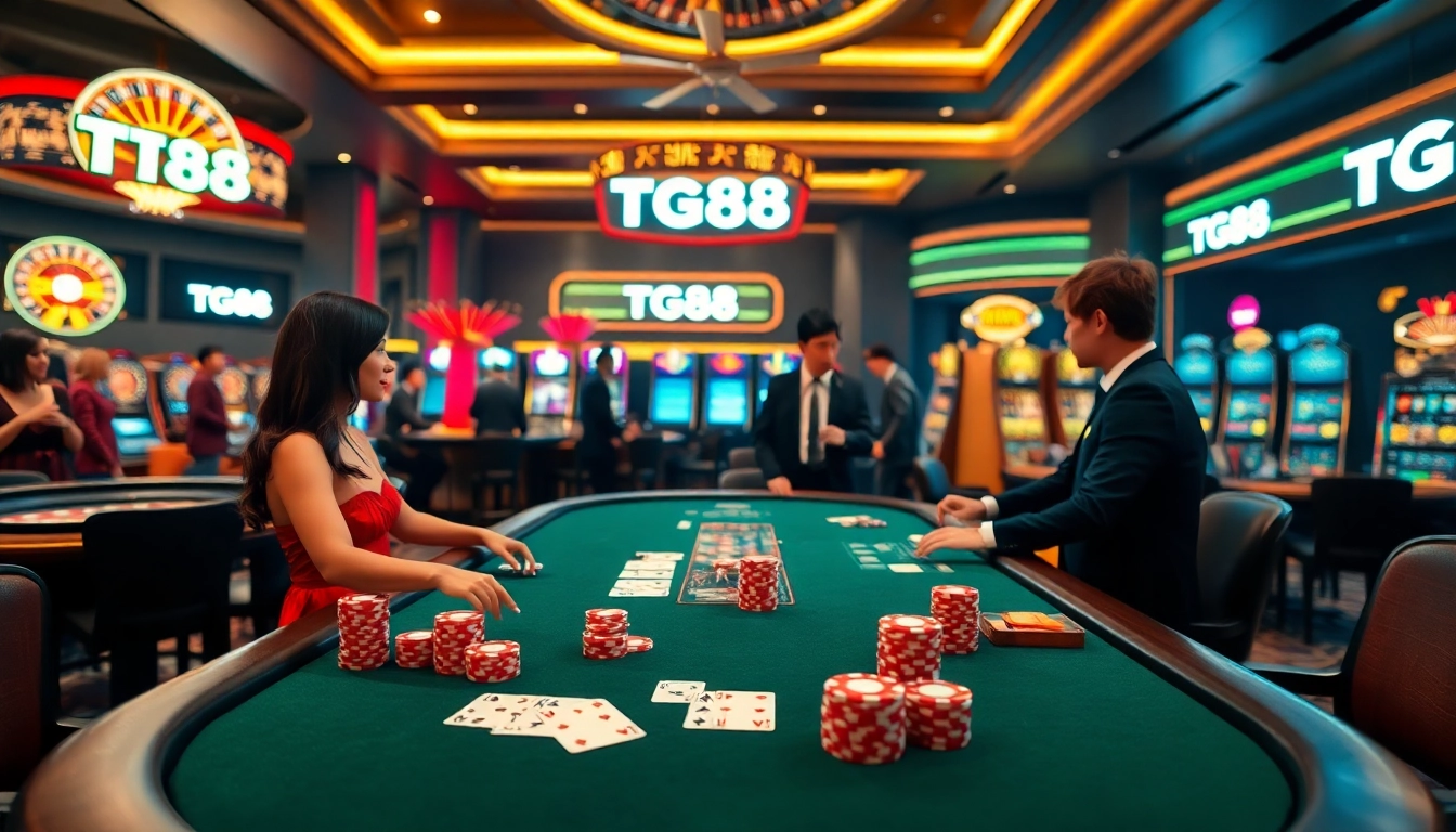 Action-packed gaming at TG88 casino with vibrant poker chips and elegant atmosphere.