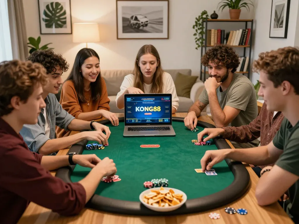 KONG88 poker game night with friends enjoying strategic gameplay and snacks