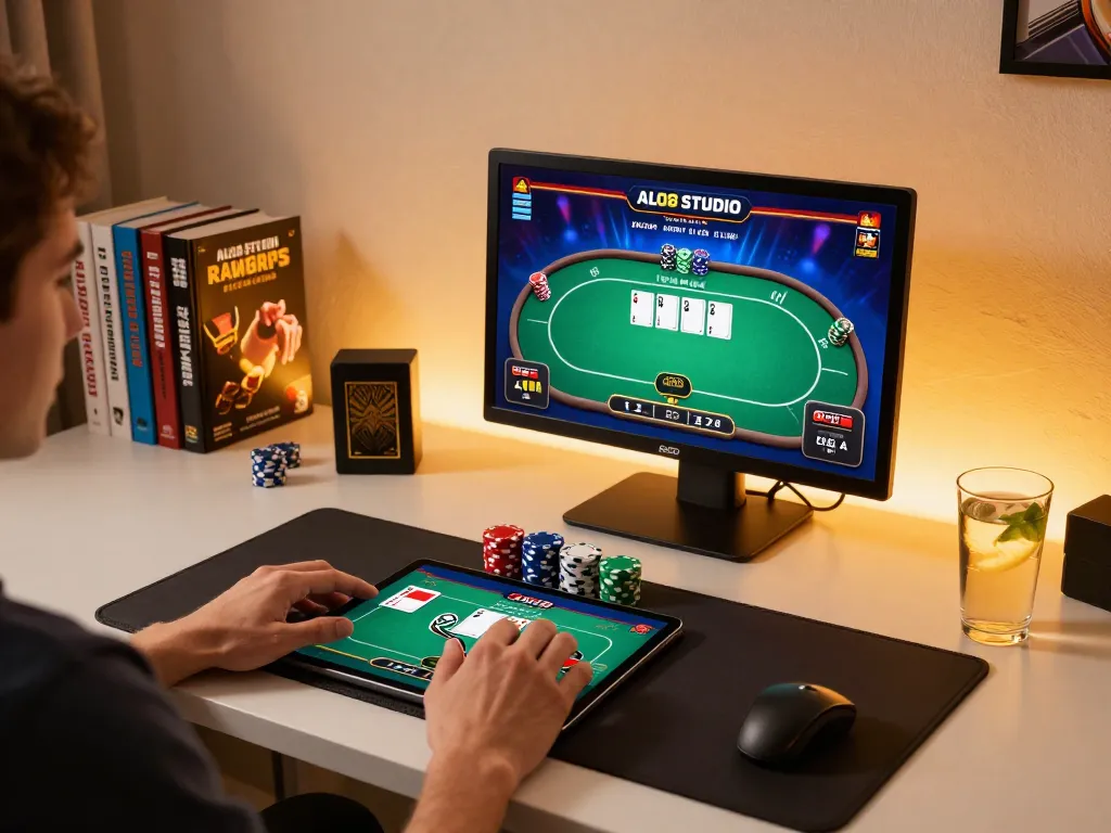 Player engaging with ALO8 STUDIO on a tablet, showcasing an exciting poker game with strategic elements.