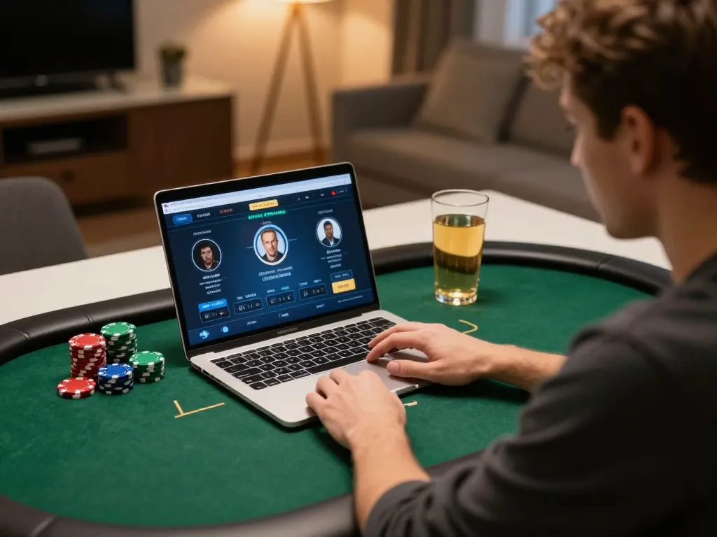 Twiin68 player strategizing in online poker game during thrilling home session