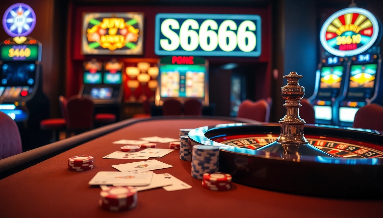 Experience the excitement of S666 with vibrant casino visuals featuring poker and roulette tables.