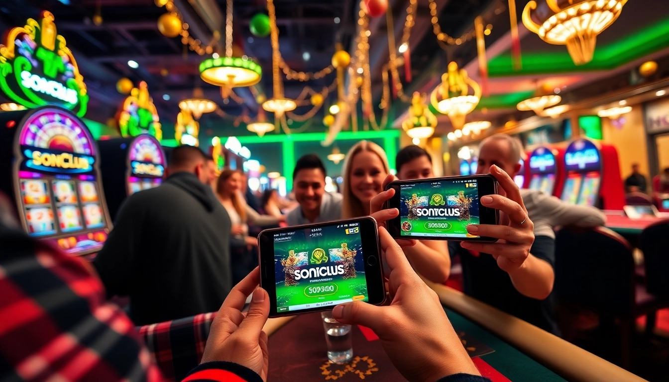 Exciting gaming experience at Sonclub platform showcasing players and mobile app.