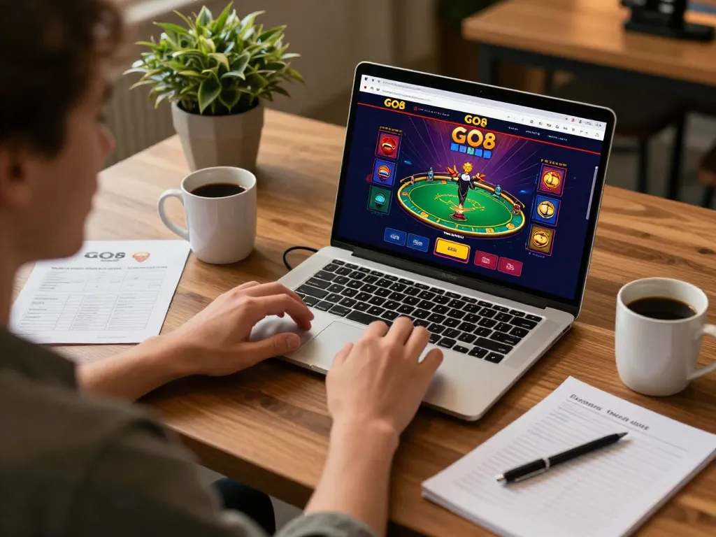 Players engaging strategically on the GO8 platform during an online gaming session with a laptop and betting notes.
