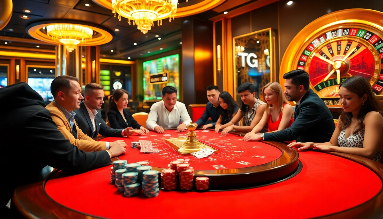 Players winning big at TG 88 casino table, cards, chips, and roulette wheel captured in vibrant colors.