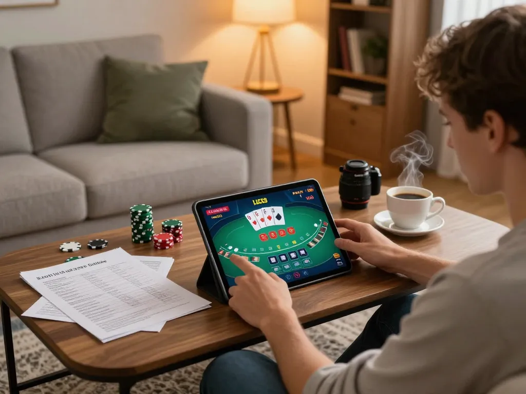 Trò chơi poker thú vị trên máy tính bảng LUCK8 với ghi chú chiến lược và không gian ấm cúng.