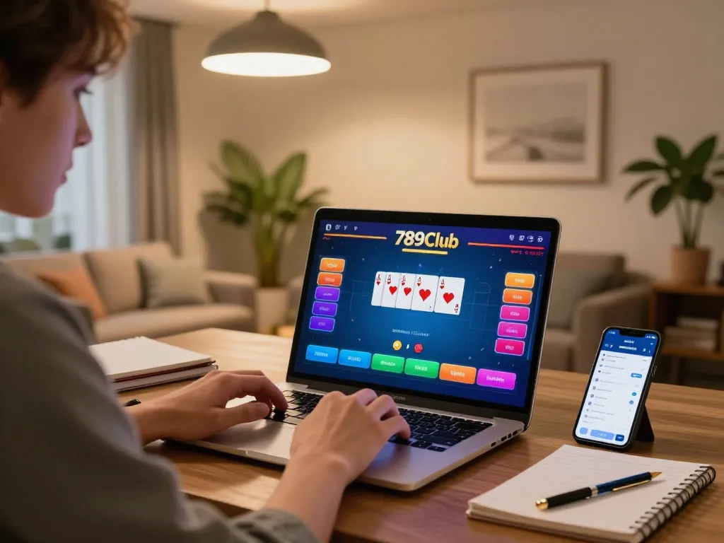 Person playing 789Club poker on a laptop at home, showcasing gaming strategy and atmosphere