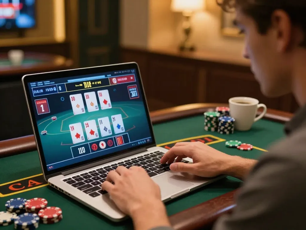 LUCK8 player engaging in a live dealer blackjack game, emphasizing strategic gameplay in a cozy online casino.