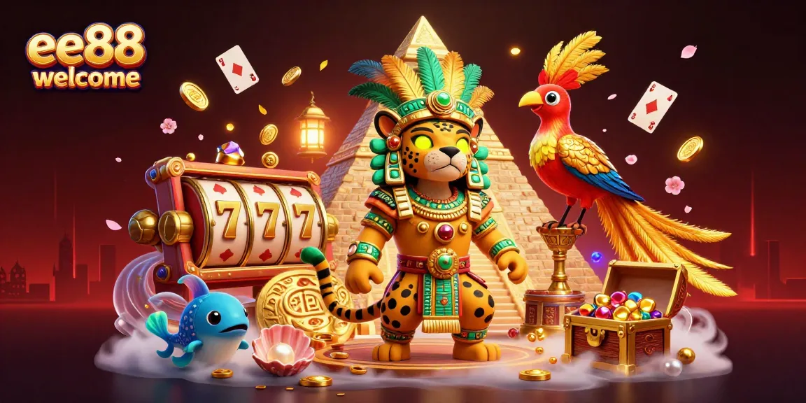 Engage in thrilling gameplay at ee88 welcome with a colorful and dynamic casino-themed illustration featuring classic game elements.